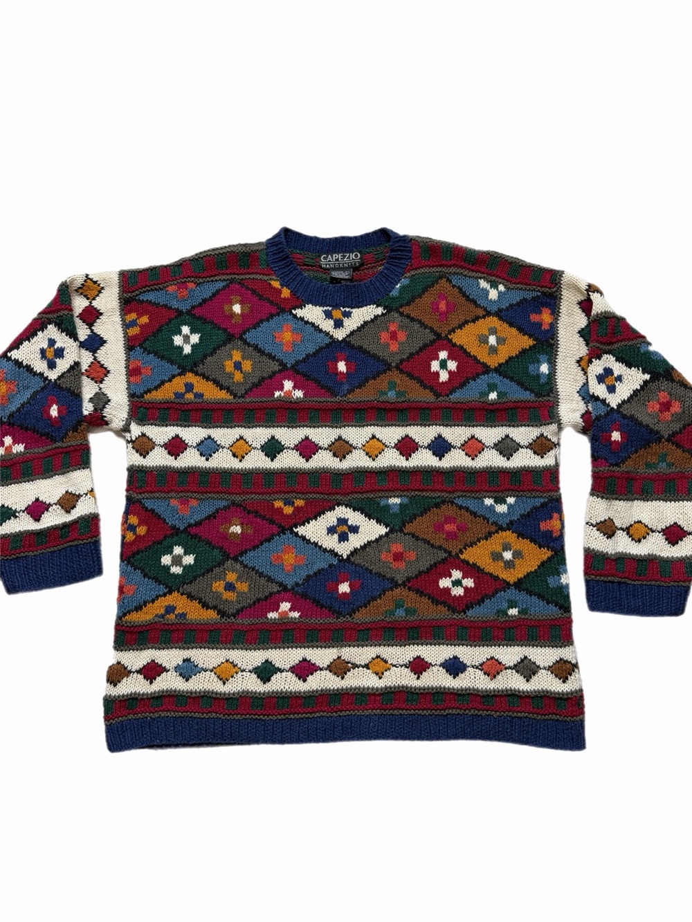 VTG 80s HandKnit 3D Knit Chunky Multi Color Crewneck Sweater L Grandpa Fall